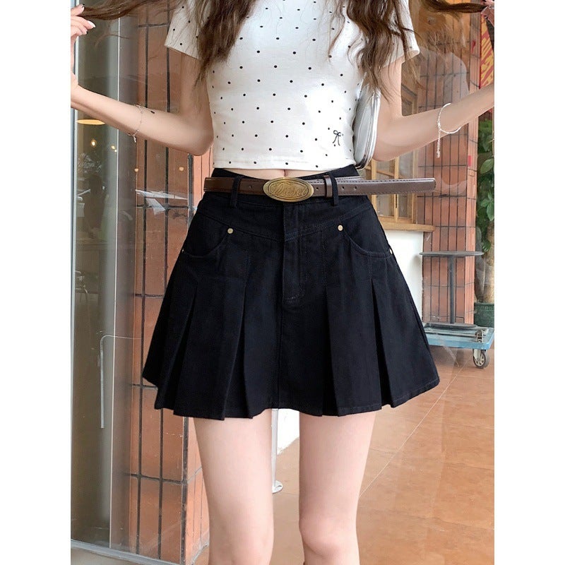 Plus Size Denim Pleated Skirt Women'S Summer Small Girl Design High Waist Slim A- Line Hip Skirt - Image 3