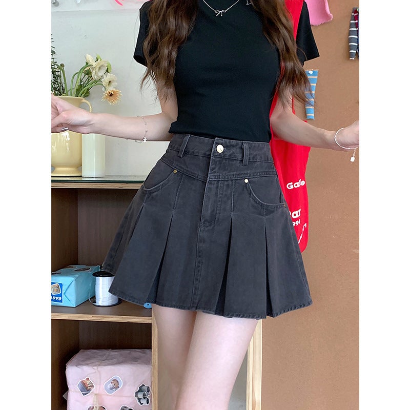 Plus Size Denim Pleated Skirt Women'S Summer Small Girl Design High Waist Slim A- Line Hip Skirt - Image 1