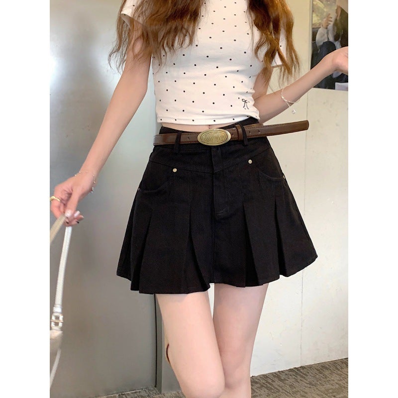 Plus Size Denim Pleated Skirt Women'S Summer Small Girl Design High Waist Slim A- Line Hip Skirt - Image 5