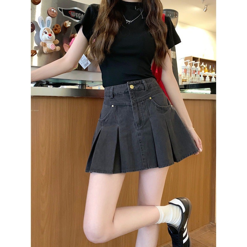 Plus Size Denim Pleated Skirt Women'S Summer Small Girl Design High Waist Slim A- Line Hip Skirt - Image 4