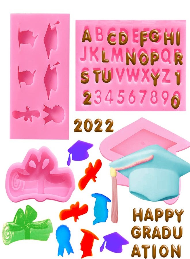 Doumeny 4Pcs Graduation Silicone Mold Set, Graduation Cap Baking Mold Diploma Graduate Fondant Mold Certificate Candy Mold Doctorial Hat Chocolate Mold Letters and Numbers Molds for Graduation Decor - Image 1