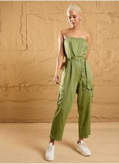 SASSAFRAS Twill Bandeau Neck Jumpsuit with Pockets and Belt by Styli  - Image 1