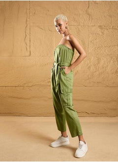 SASSAFRAS Twill Bandeau Neck Jumpsuit with Pockets and Belt by Styli  - Image 3