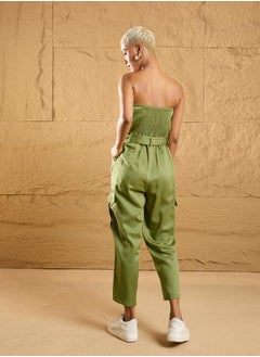 SASSAFRAS Twill Bandeau Neck Jumpsuit with Pockets and Belt by Styli  - Image 5