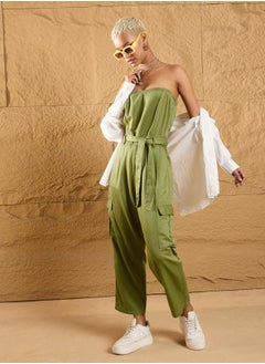SASSAFRAS Twill Bandeau Neck Jumpsuit with Pockets and Belt by Styli  - Image 2