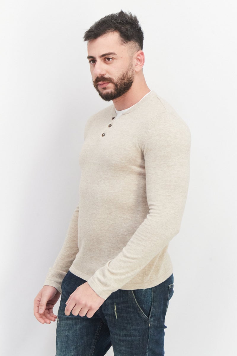 Celio Men Round Neck Long Sleeve Plain Top, Beige - Image 2