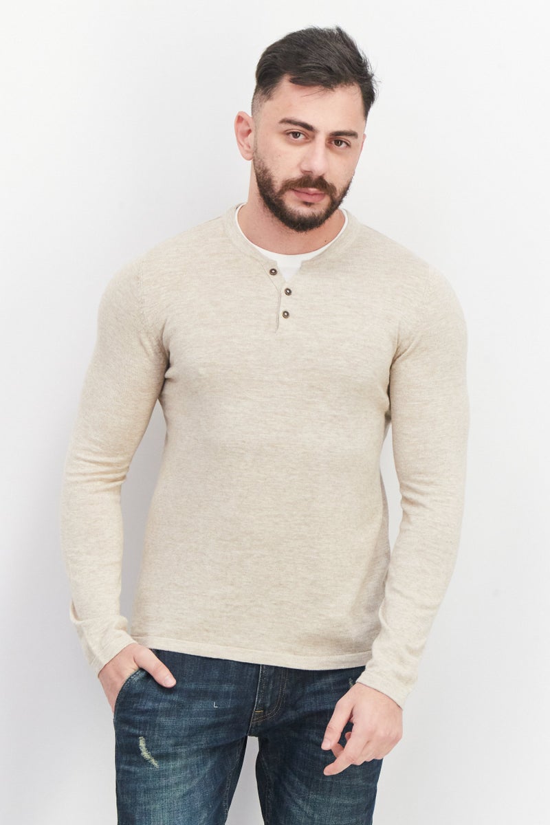 Celio Men Round Neck Long Sleeve Plain Top, Beige - Image 1