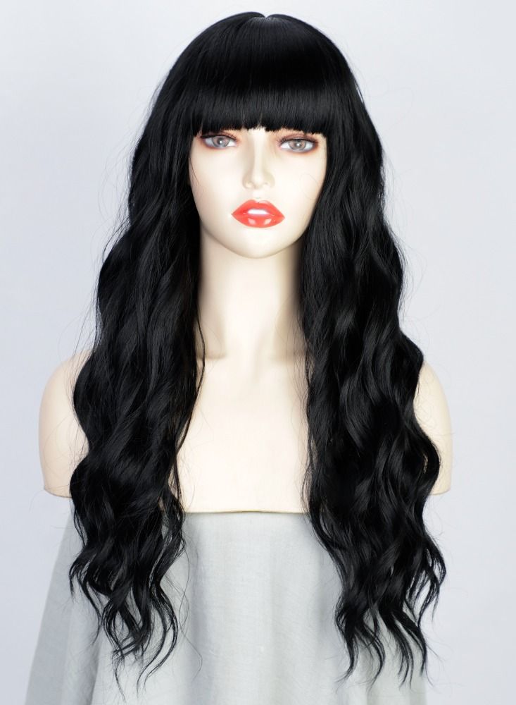 إستيل شعر مستعار طويل مجعد أوروبي وأمريكي مموج من الألياف الأنثوية غطاء رأس كامل لون R146 أسود - Image 1