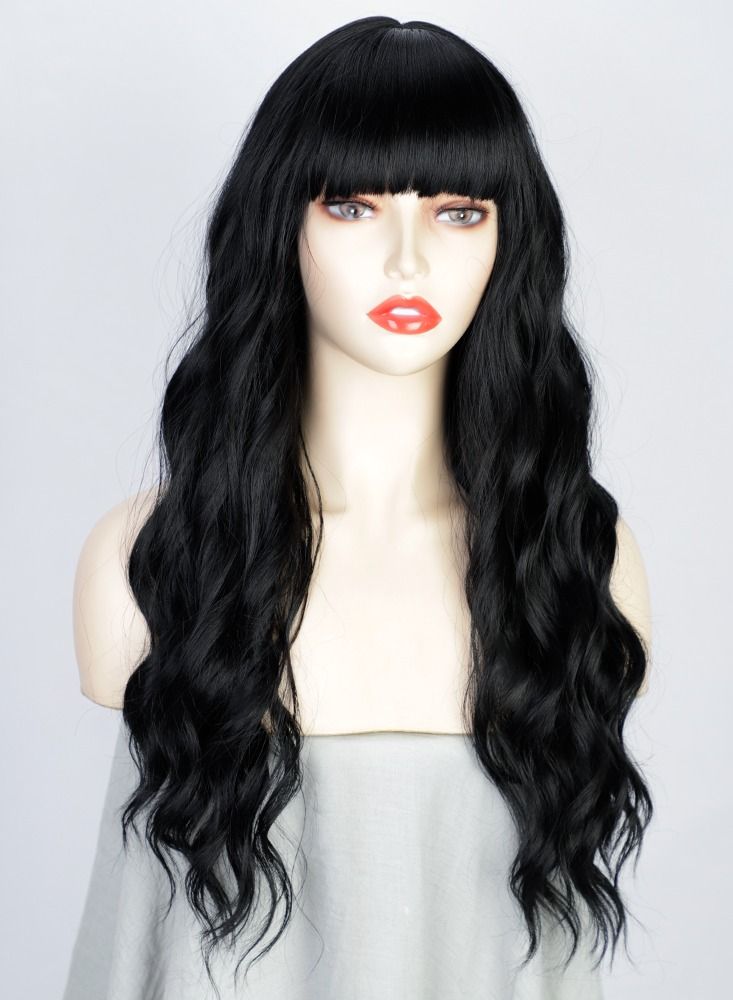 إستيل شعر مستعار طويل مجعد أوروبي وأمريكي مموج من الألياف الأنثوية غطاء رأس كامل لون R146 أسود - Image 4