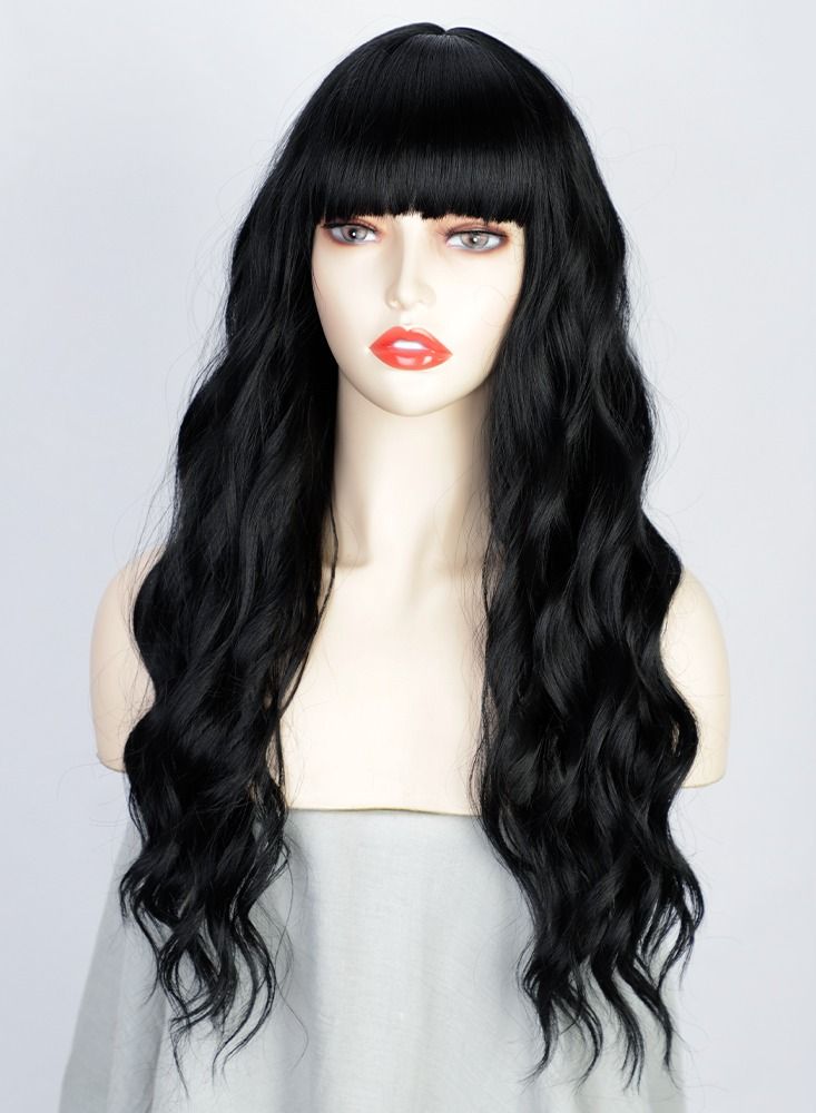 إستيل شعر مستعار طويل مجعد أوروبي وأمريكي مموج من الألياف الأنثوية غطاء رأس كامل لون R146 أسود - Image 2