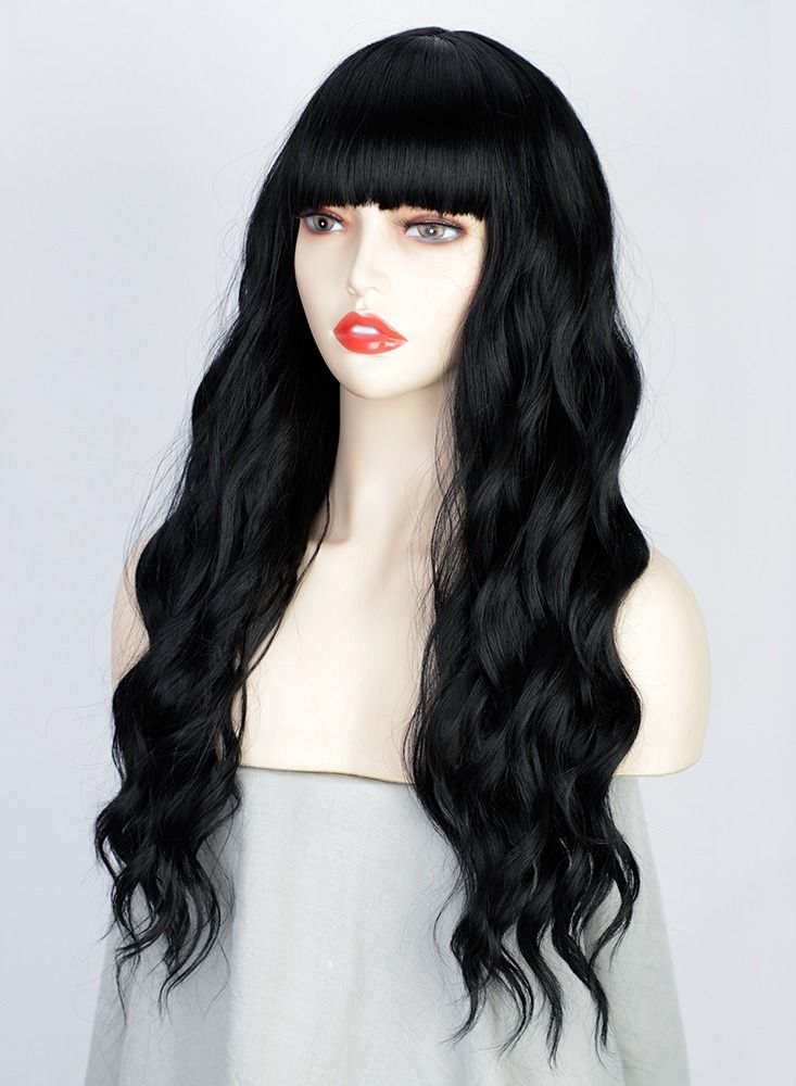 إستيل شعر مستعار طويل مجعد أوروبي وأمريكي مموج من الألياف الأنثوية غطاء رأس كامل لون R146 أسود - Image 3