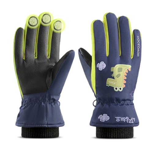 PATPAT Winter Skiing Gloves For Kids Warm Ski Gloves Thicken Warm Fleece Lining Waterproof Winter Gloves For Kids 8-12 Years Old Cartoon Dino Printed Outdoor Warm Gloves For Boys & Girls, Blue - Image 1