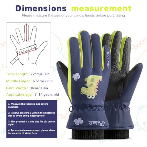 PATPAT Winter Skiing Gloves For Kids Warm Ski Gloves Thicken Warm Fleece Lining Waterproof Winter Gloves For Kids 8-12 Years Old Cartoon Dino Printed Outdoor Warm Gloves For Boys & Girls, Blue - Image 2