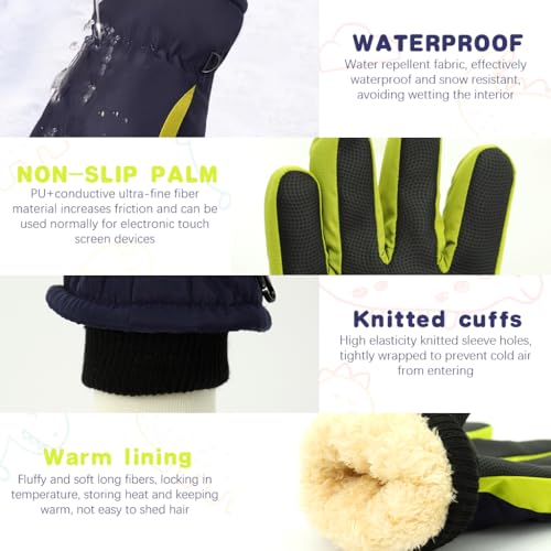 PATPAT Winter Skiing Gloves For Kids Warm Ski Gloves Thicken Warm Fleece Lining Waterproof Winter Gloves For Kids 8-12 Years Old Cartoon Dino Printed Outdoor Warm Gloves For Boys & Girls, Blue - Image 4