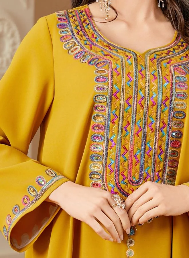 Take Two Yellow Women Sequins Embellished Long Sleeve Jalabiya for Women | Best Price UAE
