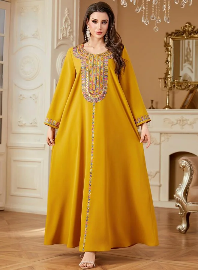 Take Two Yellow Women Sequins Embellished Long Sleeve Jalabiya for Women | Best Price UAE