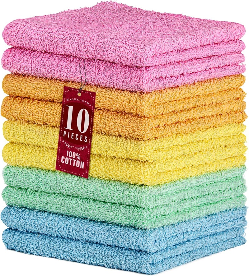 DecorRack 10 Pack 100% Cotton Wash Cloth, Luxurious Soft, 12 x 12 inch Ultra Absorbent, Machine Washable Washcloths, Assorted Colors (10 Pack) - Image 1