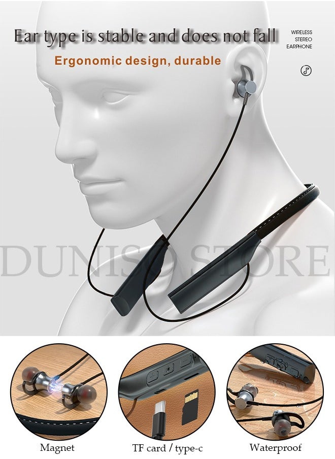 DUNISO - Wireless Bluetooth Headphones Neckband Headset With Retractable Earbuds Noise Cancelling Stereo Sweatproof Earphones With Mic For Gym Running Office Black packaging may vary - Image 1