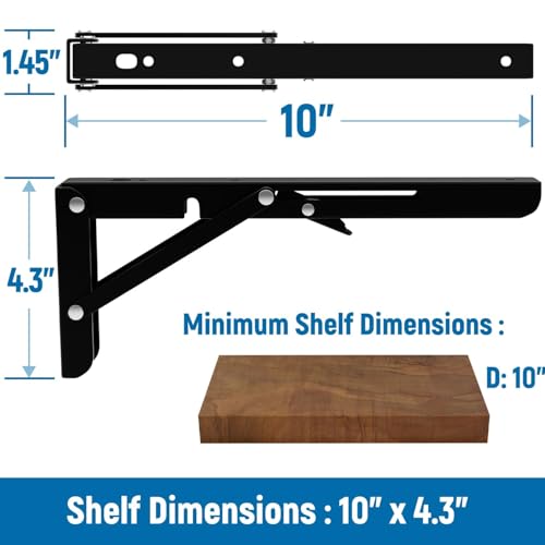 LEOPO 10 inch Folding Shelf Brackets2 Pack Foldable Heavy Duty Triangle Collapsible Wall Mounted Brackets for Fold Down Table Space Saving for Bench Table with Screws Black - Image 3