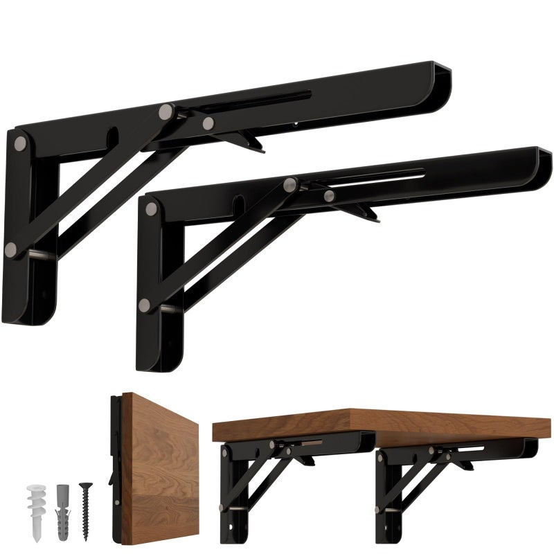 LEOPO 10 inch Folding Shelf Brackets2 Pack Foldable Heavy Duty Triangle Collapsible Wall Mounted Brackets for Fold Down Table Space Saving for Bench Table with Screws Black - Image 2