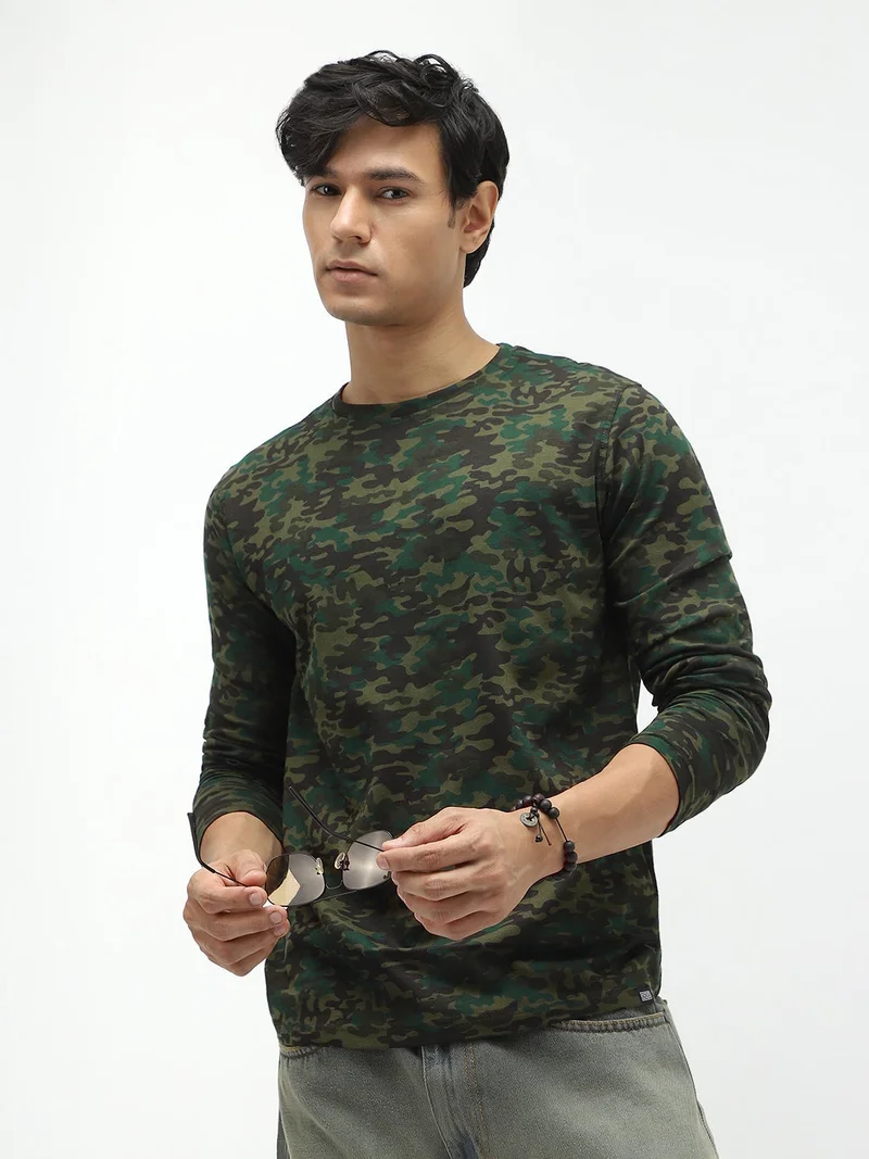Urbano Fashion Men's Olive Green, Khaki Military Camouflage Printed Slim Fit Full Sleeve Cotton T-Shirt