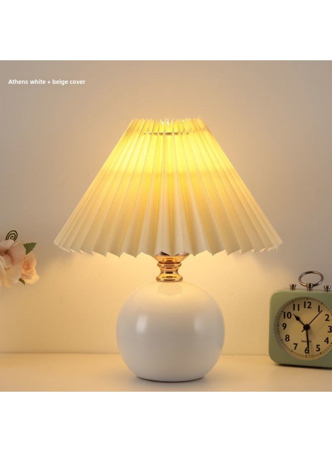 Generic Nordic Ins Style Bedroom Bedside Lamp Net Red Light Girl Warm Nightlight High-end Ceramic Pleated Table Lamp-Color:White Ceramic White Cover-Dimming Third Gear 7W - Image 1