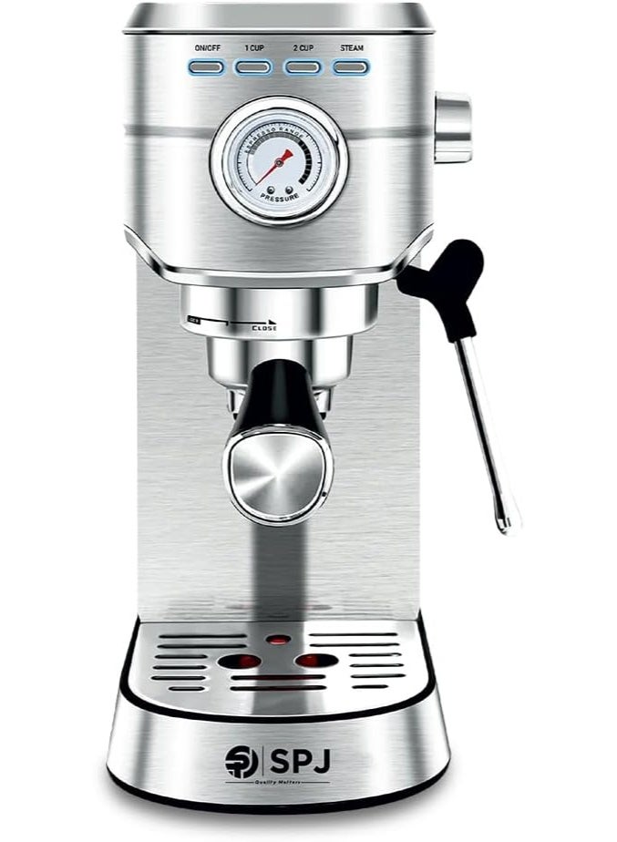 SPJ 20 Bar Espresso Coffee Machine with Pressure Gauge, 1L Water Tank, Stainless Steel Coffee Maker for Espresso, Cappuccino & Latte, Milk Frother, Silver - Image 1