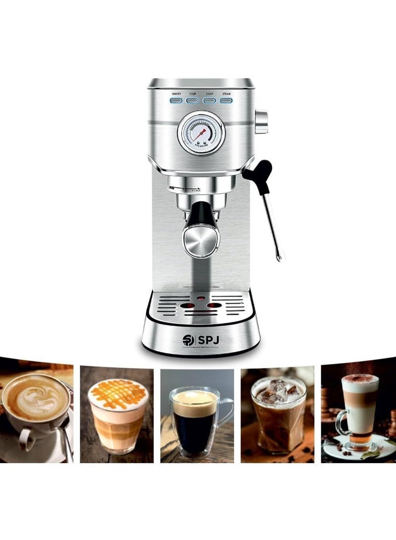 SPJ 20 Bar Espresso Coffee Machine with Pressure Gauge, 1L Water Tank, Stainless Steel Coffee Maker for Espresso, Cappuccino & Latte, Milk Frother, Silver - Image 2