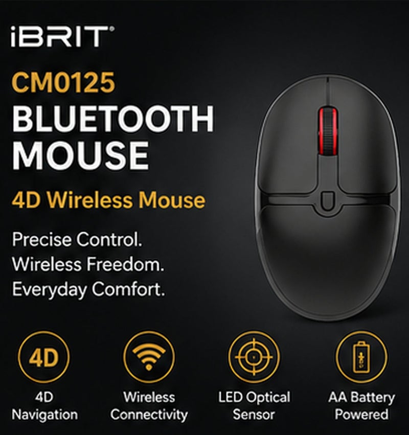 إبريت ماوس لاسلكي iBRIT CM0125، ماوس بتقنية 4D للتنقل، اتصال بلوتوث مع مستقبل USB-A، دقة 1200 DPI تصل إلى 1600 DPI، مستشعر بصري LED، تصميم مدمج وخفيف، متوافق مع الكمبيوتر والماك واللابتوب - Image 1