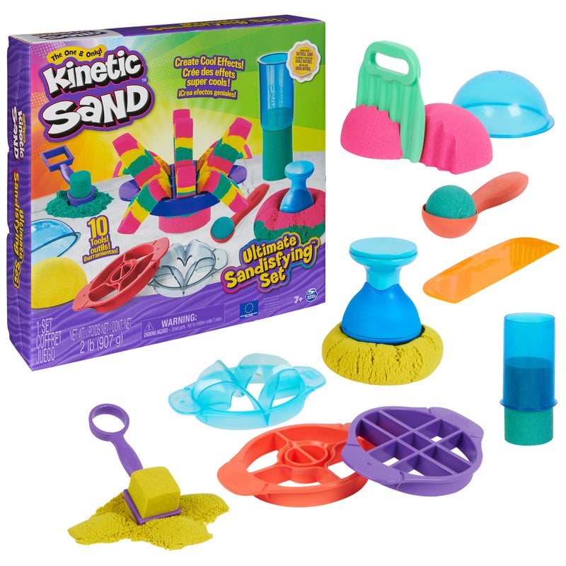 Kinetic Sand مجموعة رمال كينيتك النهائية، 2 رطل من الرمال الوردية والصفراء والزرقاء، 10 قوالب وأدوات، ألعاب حسية للأطفال من عمر 7 سنوات فما فوق - Image 1
