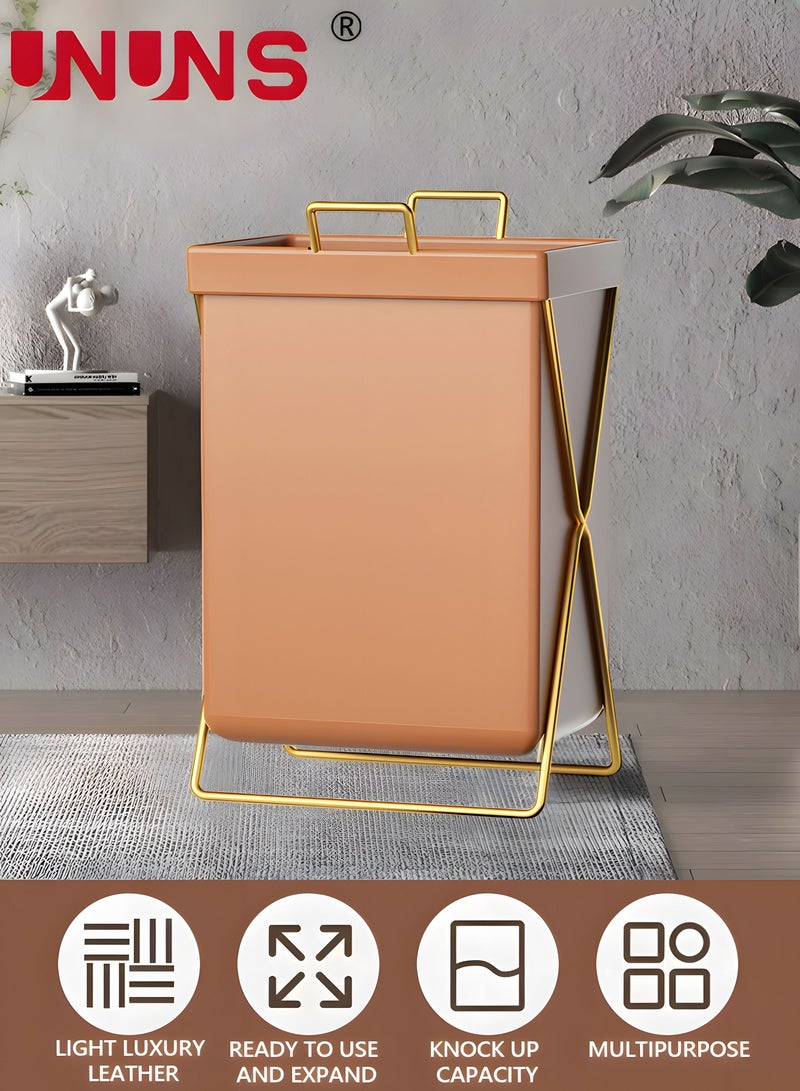UNUNS Large Collapsible Laundry Basket Hamper with Handles and Lid, Heavy-Duty Frame Clothes Hampers X-Shaped Laundry Hamper Laundry Bags for Laundry, Bedroom, Dorm, Towels - Brown  - Image 2