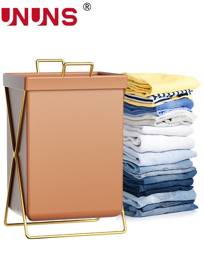 UNUNS Large Collapsible Laundry Basket Hamper with Handles and Lid, Heavy-Duty Frame Clothes Hampers X-Shaped Laundry Hamper Laundry Bags for Laundry, Bedroom, Dorm, Towels - Brown  - Image 1