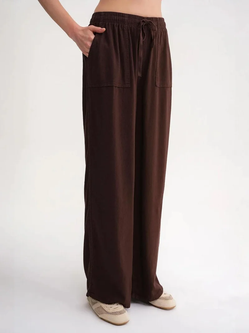 MixRay Coffee Brown MIXRAY Mid Waist Straight Leg Cotton Pants with Tie Closure for Women | Best Price UAE
