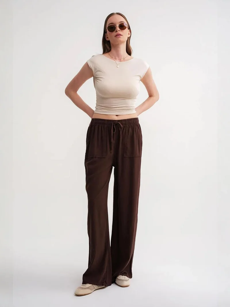 MixRay Coffee Brown MIXRAY Mid Waist Straight Leg Cotton Pants with Tie Closure for Women | Best Price UAE