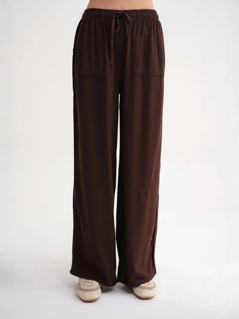 MixRay Coffee Brown MIXRAY Mid Waist Straight Leg Cotton Pants with Tie Closure for Women | Best Price UAE