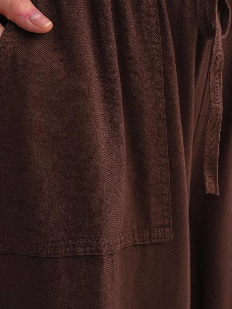 MixRay Coffee Brown MIXRAY Mid Waist Straight Leg Cotton Pants with Tie Closure for Women | Best Price UAE