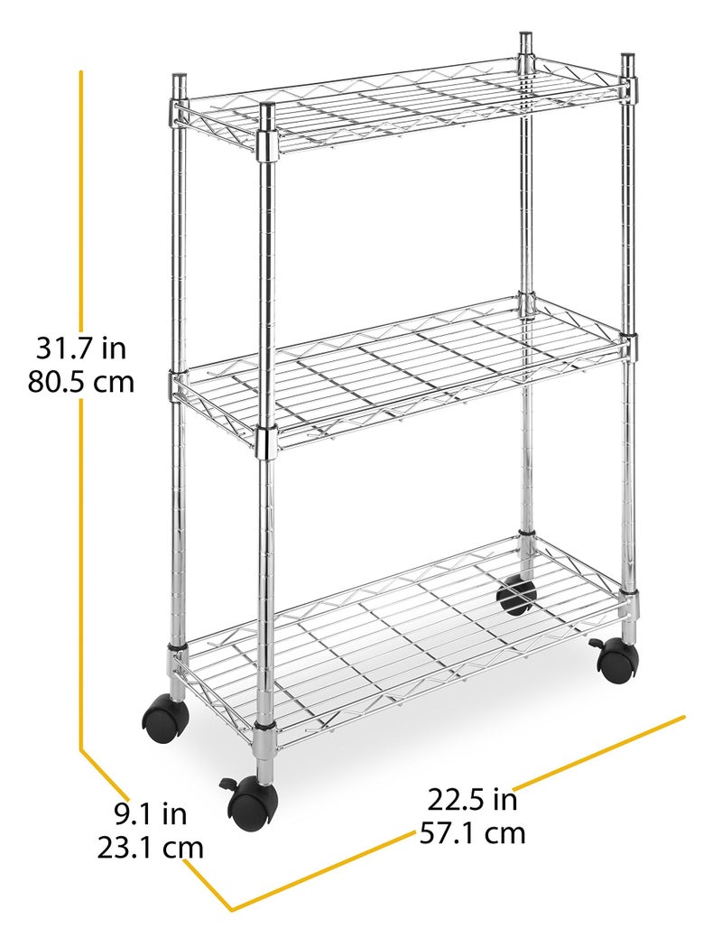 Whitmor 3 Tier Shelving Unit with Wheels, Adjustable Heavy Duty Metal Storage Shelves, 400 lbs Capacity per Shelf, 1200 lbs Total for Home, Garage, Workshop, 23" L x 9" W x 32" H, Chrome - Image 2