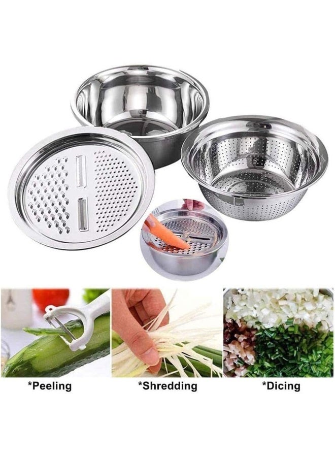 CATSAYS New Stainless Steel Basin With Grater 3 in 1 Vegetable Cutter with Drain Basket 3PCS Vegetable Washing Bowl Set Strainer for Washing Vegetables (28cm)  - Image 5