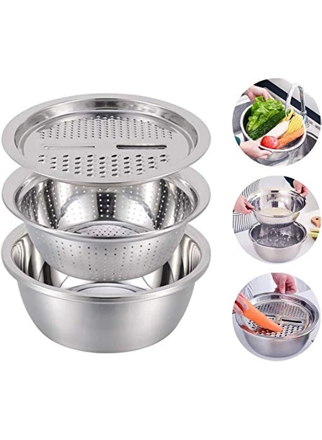 CATSAYS New Stainless Steel Basin With Grater 3 in 1 Vegetable Cutter with Drain Basket 3PCS Vegetable Washing Bowl Set Strainer for Washing Vegetables (28cm)  - Image 1