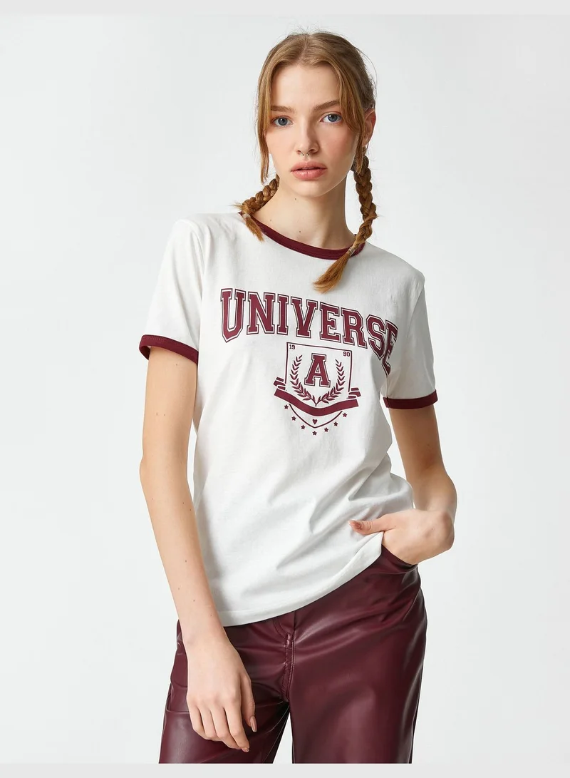 كوتون Crew Neck Ribbed Short Sleeve Varsity Printed T-Shirt