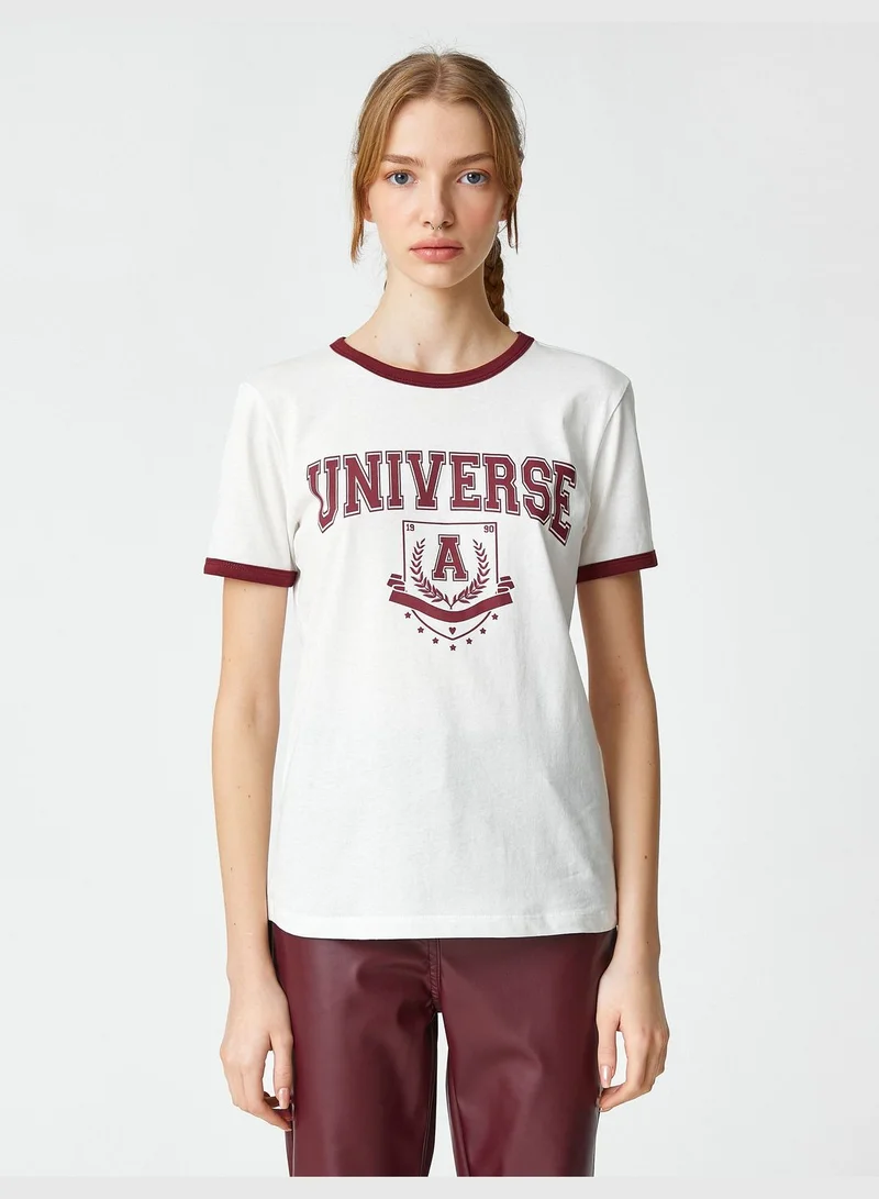 كوتون Crew Neck Ribbed Short Sleeve Varsity Printed T-Shirt