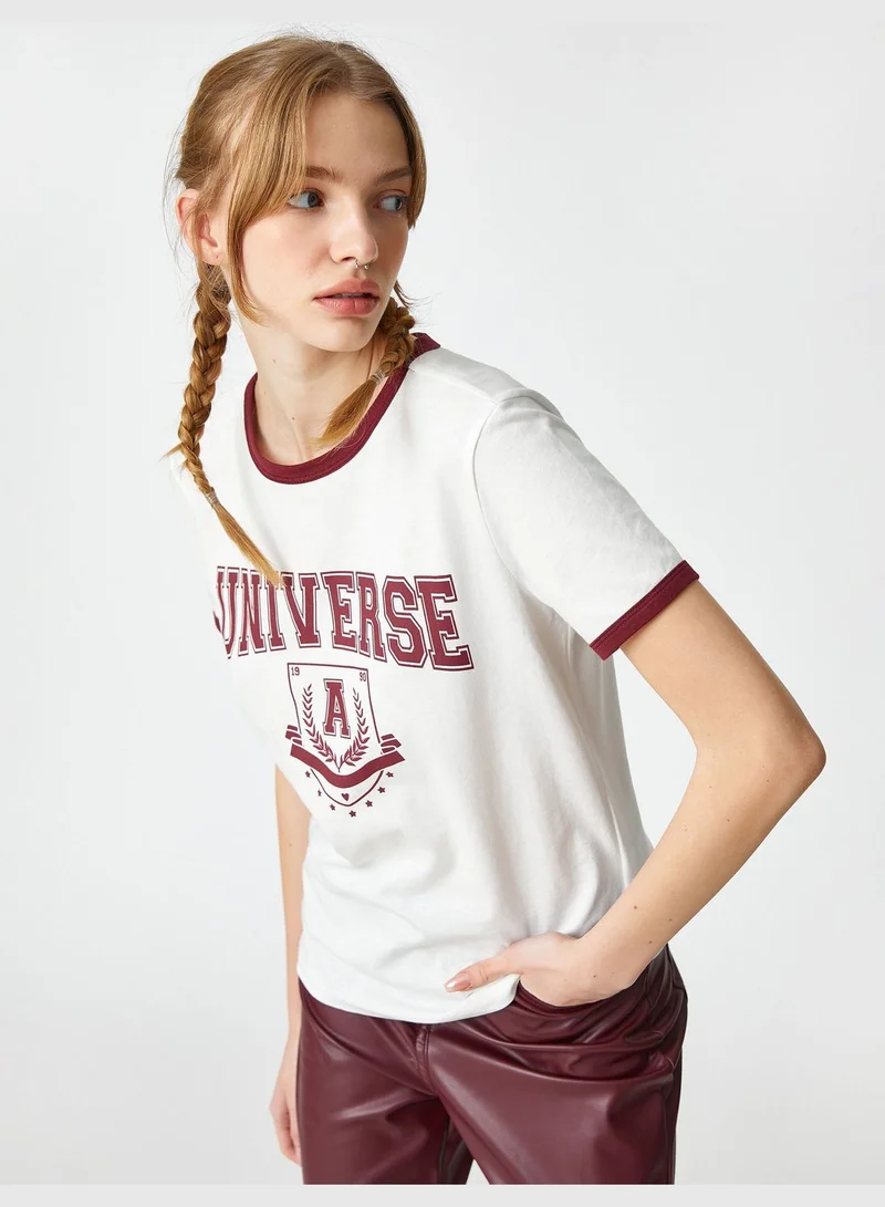 كوتون Crew Neck Ribbed Short Sleeve Varsity Printed T-Shirt