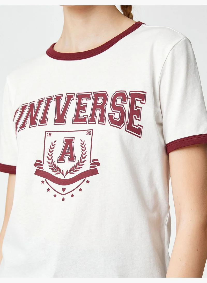 كوتون Crew Neck Ribbed Short Sleeve Varsity Printed T-Shirt