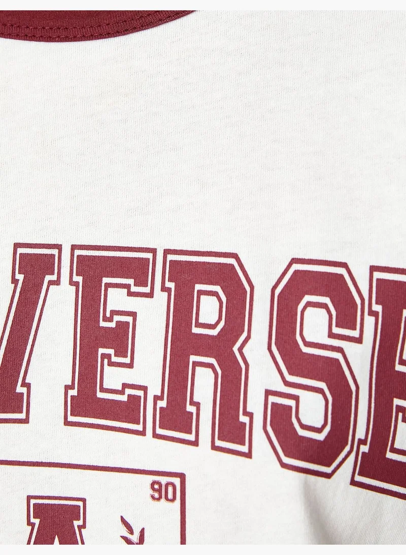 كوتون Crew Neck Ribbed Short Sleeve Varsity Printed T-Shirt