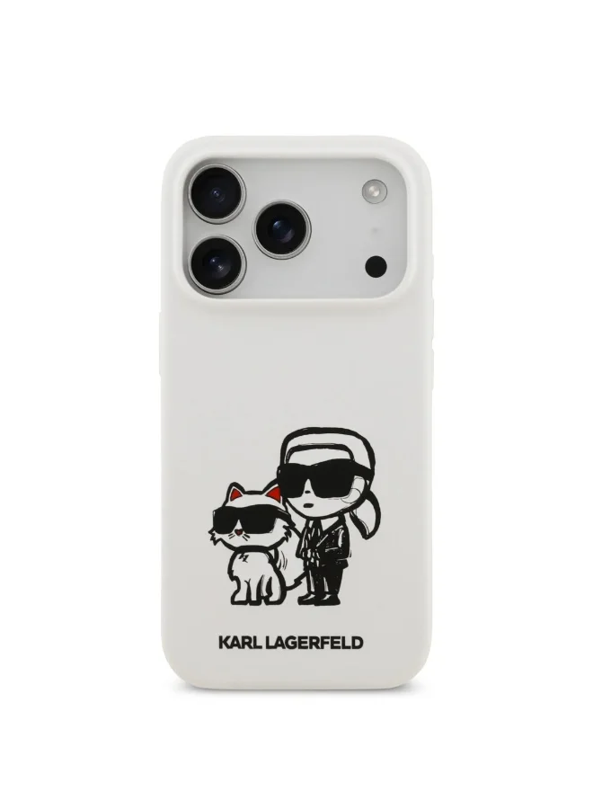 كارل لاغرفيلد جراب iPhone 17 Pro / جراب سيليكون سائل مع رسمة Karl & Choupette / أبيض