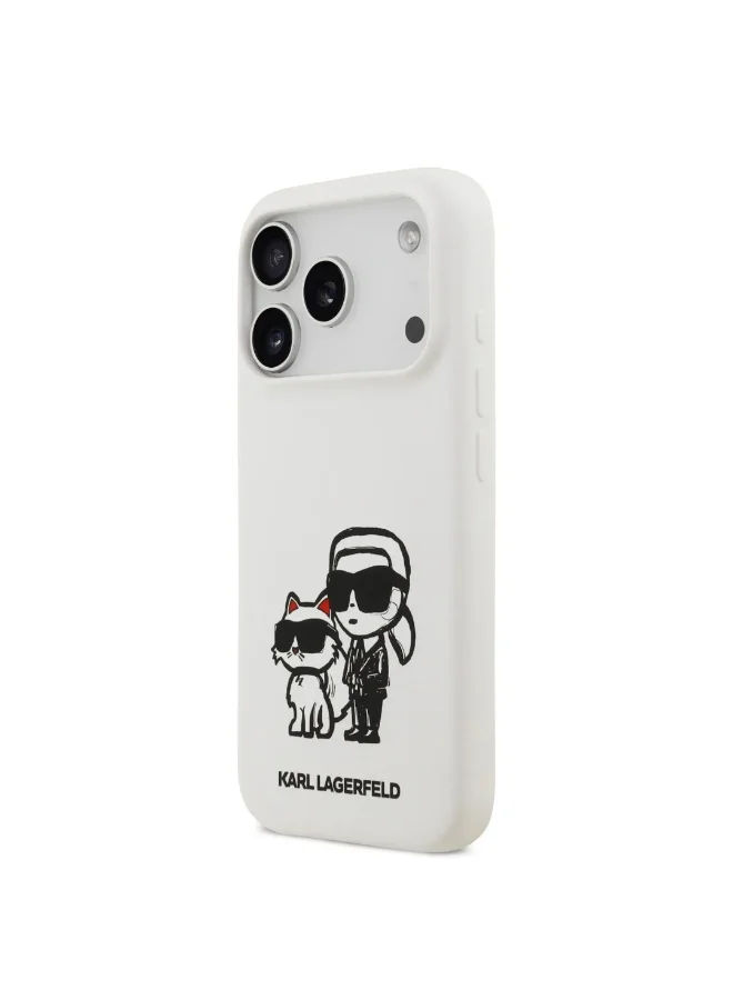 كارل لاغرفيلد جراب iPhone 17 Pro / جراب سيليكون سائل مع رسمة Karl & Choupette / أبيض