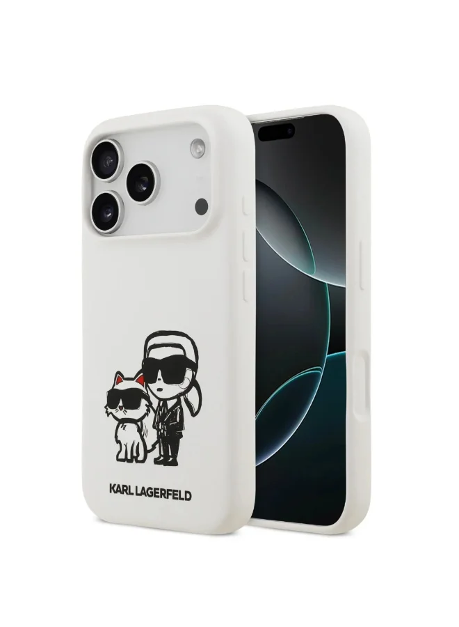 كارل لاغرفيلد جراب iPhone 17 Pro / جراب سيليكون سائل مع رسمة Karl & Choupette / أبيض