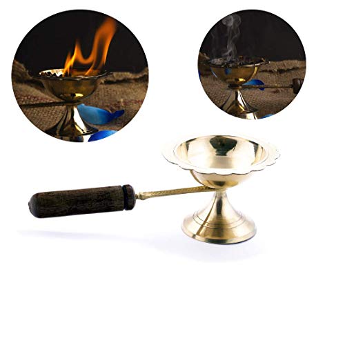 ROLIMOLI Brass Incense Burner with Long Wooden Handle Dhoop Loban Burner Dhooni Dhoop Dani Dhuni 2.5 inch Set of 1 - Image 2