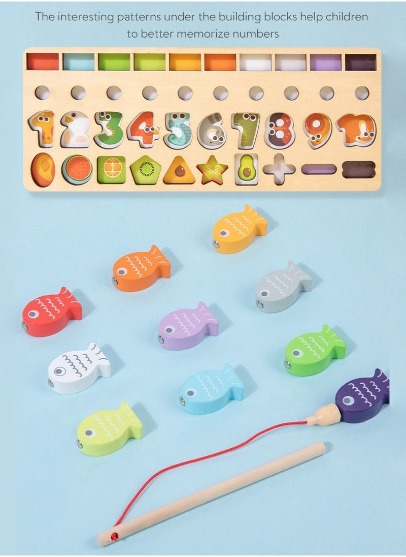 Generic - Wooden Puzzle Sorting Shape Matching Magnetic Fishing Toy Stacking Preschool Logarithmic Board Educational Learning Activities - Image 1