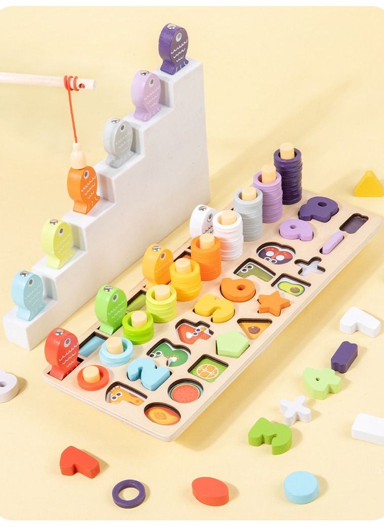 Generic - Wooden Puzzle Sorting Shape Matching Magnetic Fishing Toy Stacking Preschool Logarithmic Board Educational Learning Activities - Image 1